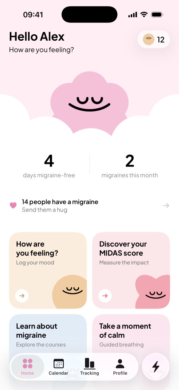 Mellow app home screen: migraine-free days, migraines this month and shortcuts
