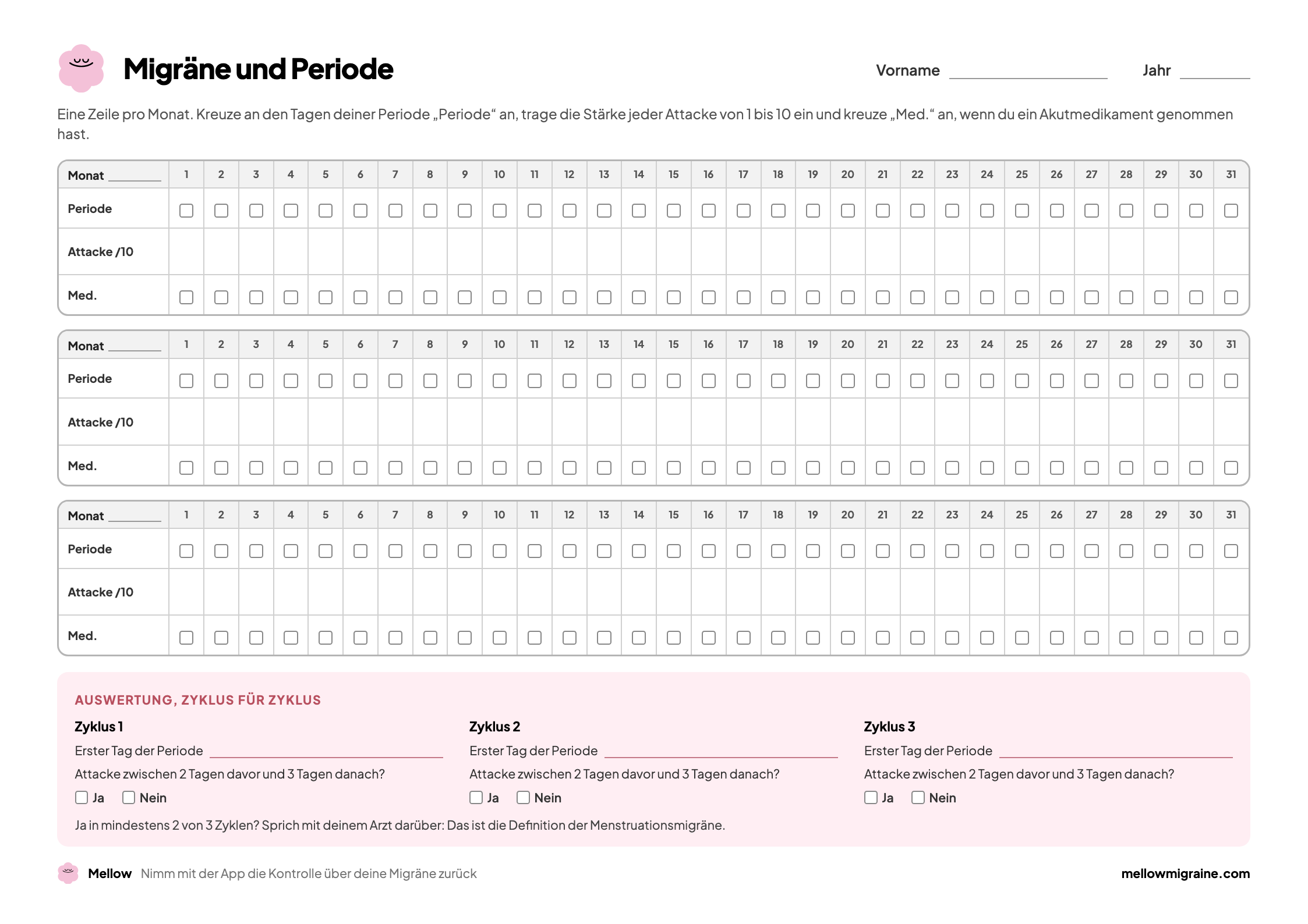 Seite 1 des Tagebuchs: Kalender über drei Monate mit, für jeden Tag, einem Kästchen für die Periode, der Stärke der Attacke und einem Kästchen für Medikamente, danach eine Auswertung Zyklus für Zyklus