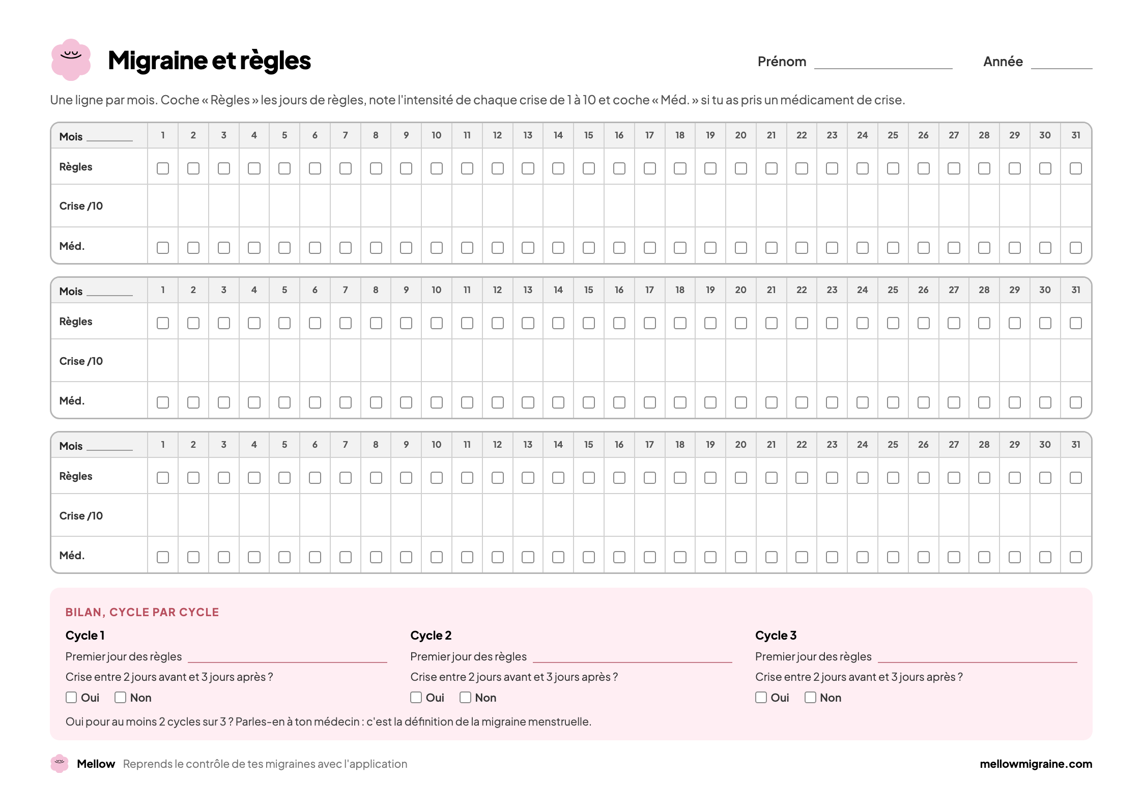 Page 1 du journal : calendrier de trois mois avec, pour chaque jour, une case règles, l'intensité de la crise et une case médicament, puis un bilan cycle par cycle
