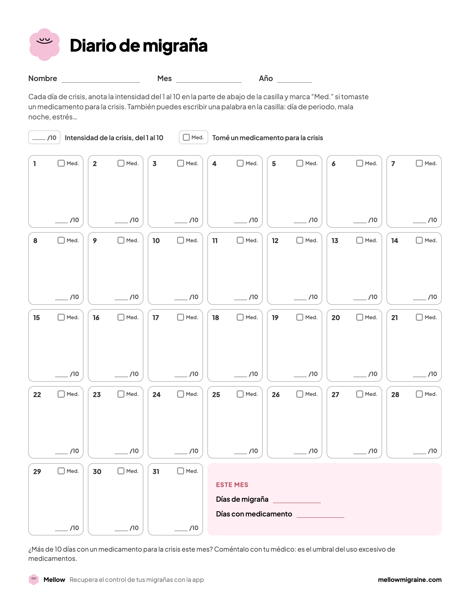 Página 1 del diario: calendario del mes con, para cada día, la intensidad del 1 al 10, una casilla de medicamento y espacio para una nota