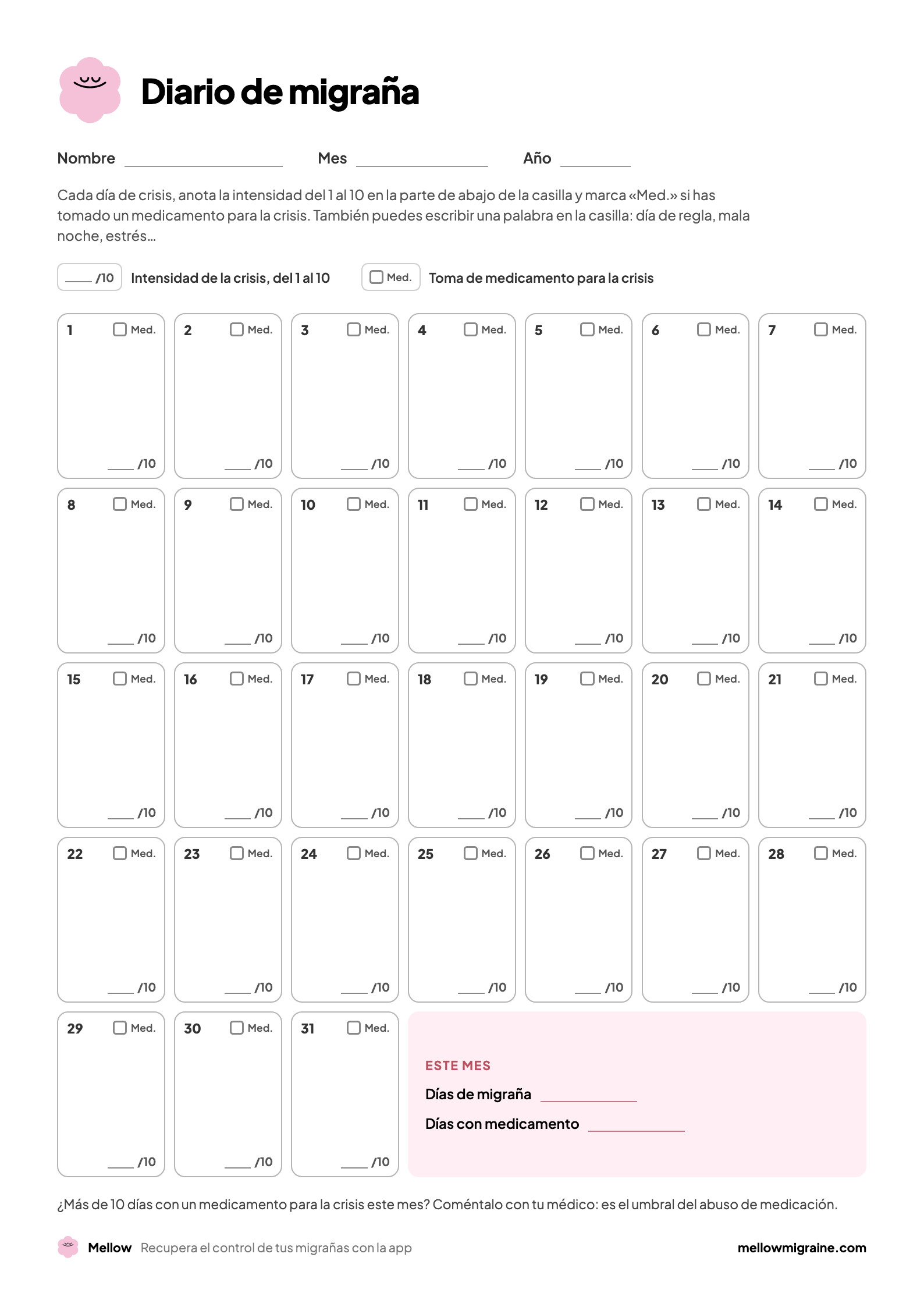 Página 1 del diario: calendario del mes con, para cada día, la intensidad sobre 10, una casilla de medicamento y espacio para una nota