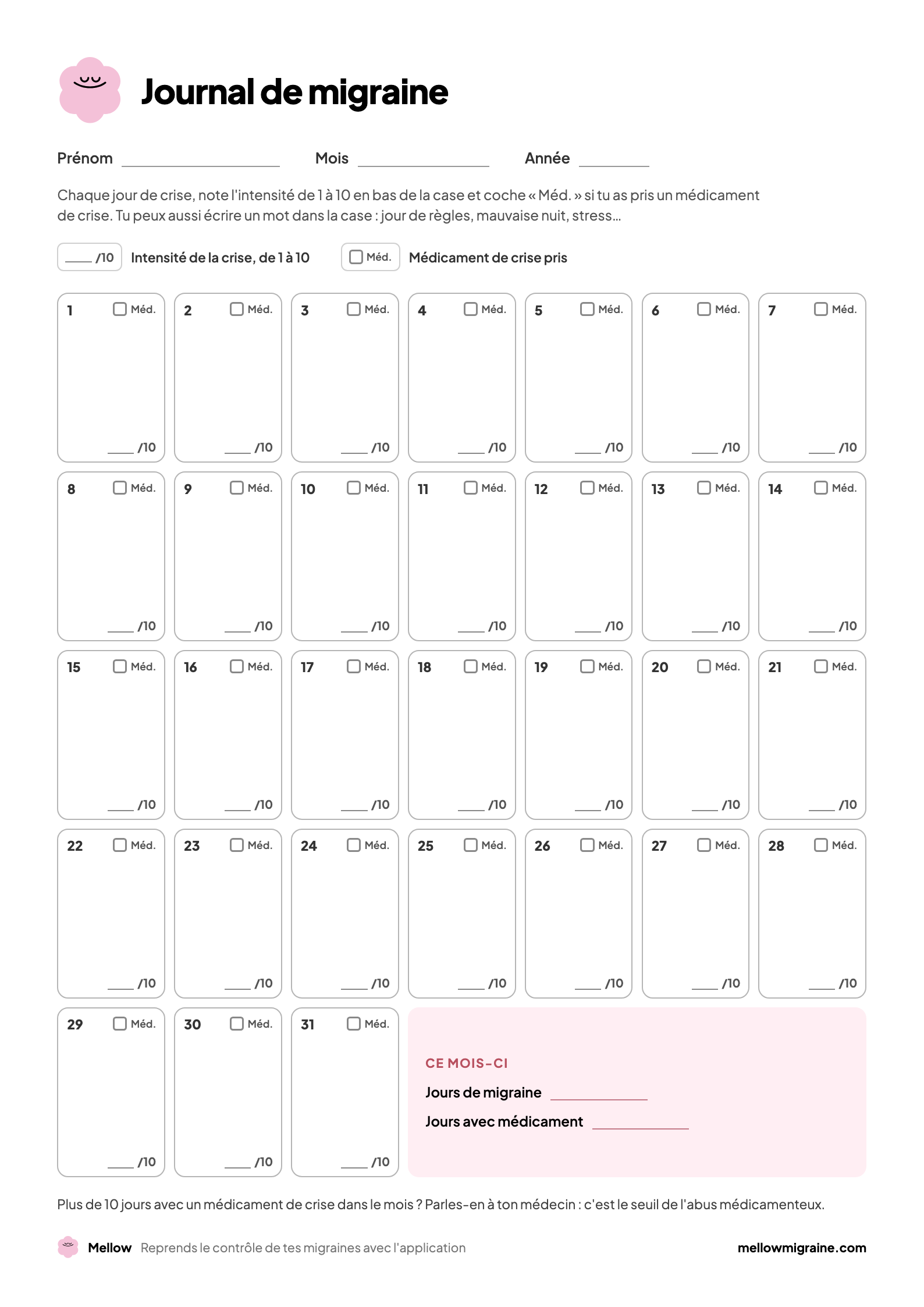 Page 1 du journal : calendrier du mois avec, pour chaque jour, l'intensité sur 10, une case médicament et de la place pour une note