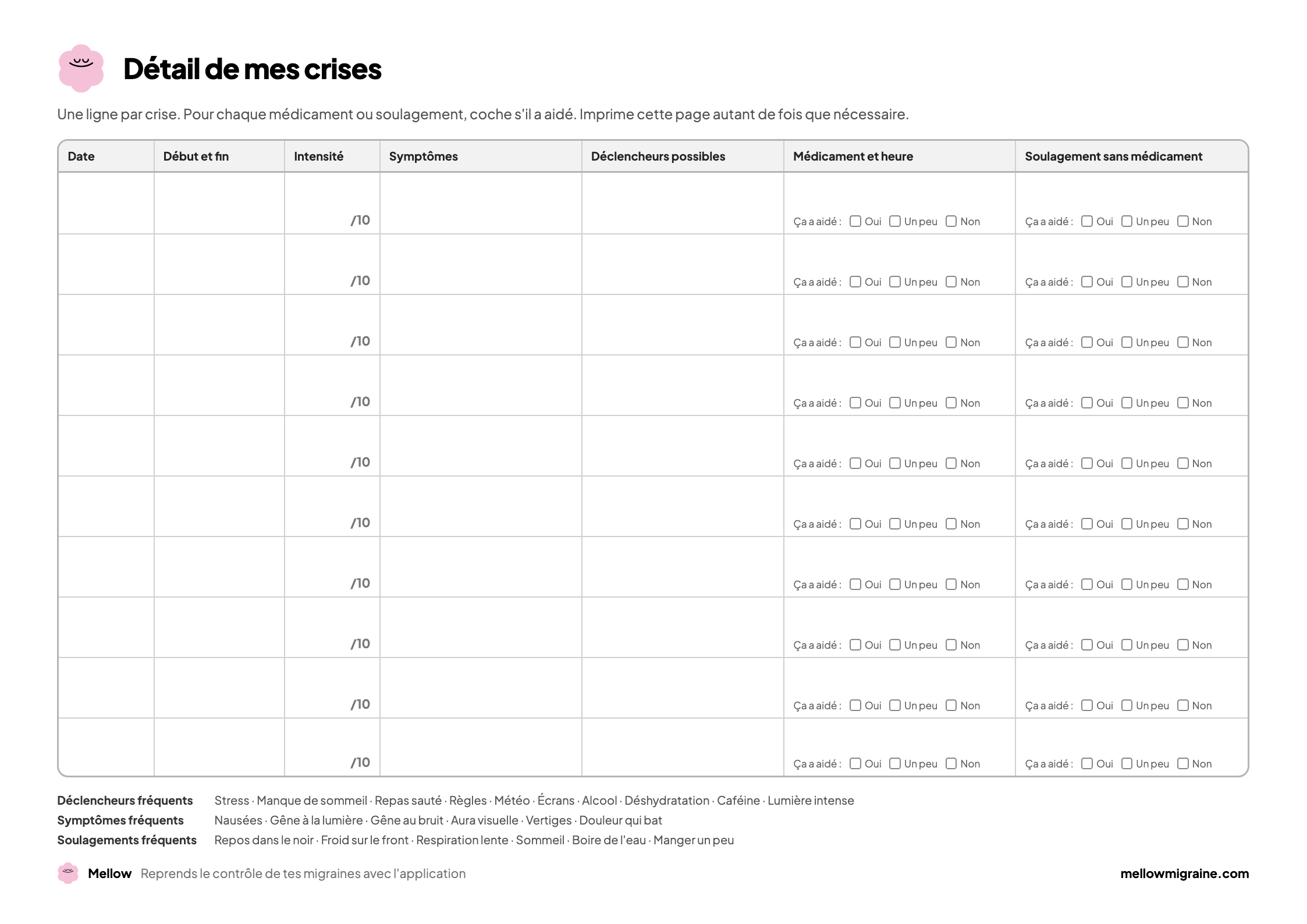 Page 2 du journal : tableau des crises avec date, horaires, intensité, symptômes, déclencheurs, médicament et soulagement sans médicament
