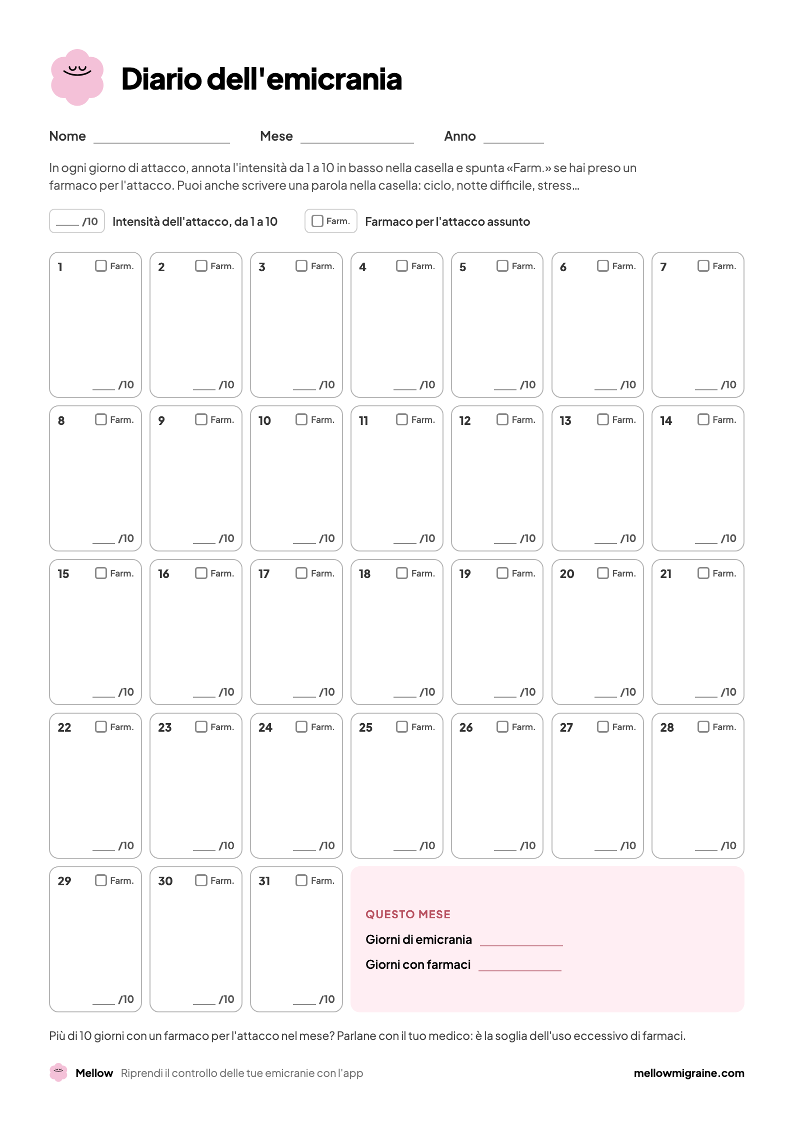 Pagina 1 del diario: calendario del mese con, per ogni giorno, l'intensità da 1 a 10, una casella per il farmaco e lo spazio per una nota